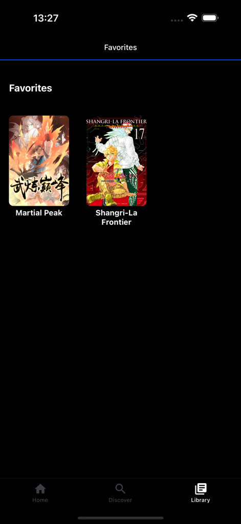 MangaFlix app favorites screen showing manga covers for Martial Peak and Shangri-La Frontier in dark mode
