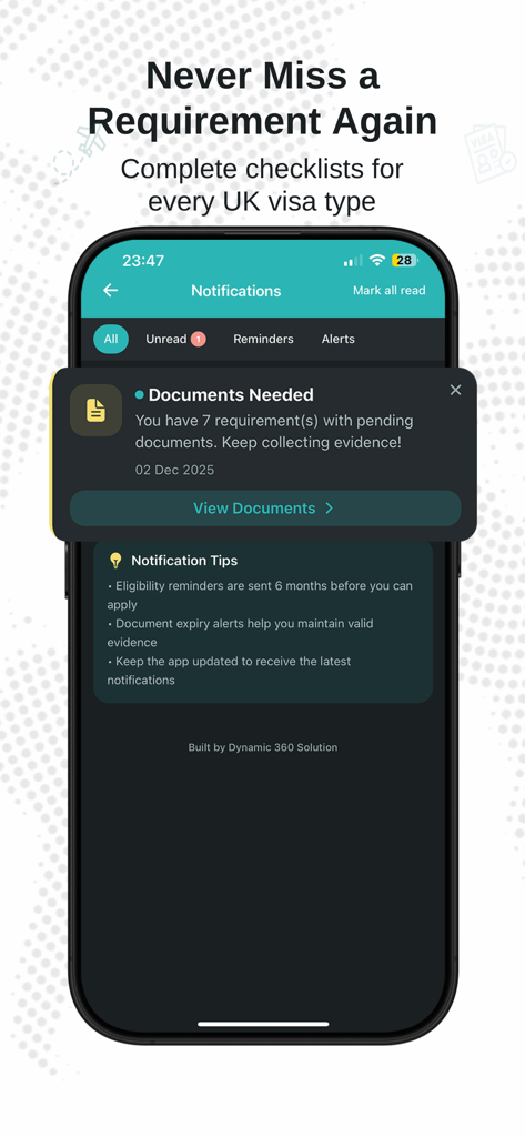 Screenshot of the Visa Route Diary app notifications screen showing a document requirements alert