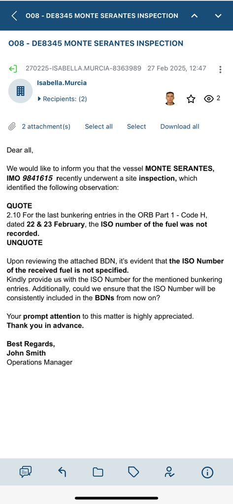 MarineTraffic Inbox - Screenshot of MarineTraffic Inbox showing a maritime vessel inspection email with team collaboration features