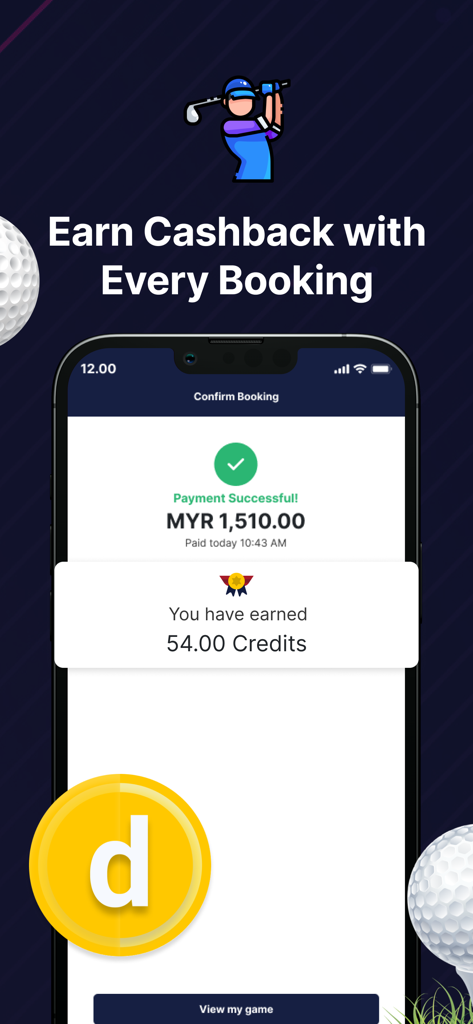 Une capture d'écran de l'application Deemples montrant une confirmation de réservation de golf réussie avec des crédits de cashback gagnés.
