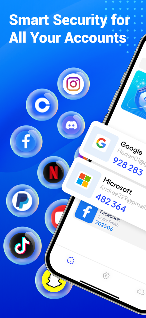 Authenticator App | 2FA Auth - Una interfaz de aplicación móvil que muestra códigos de autenticación de dos factores para cuentas de Google, Microsoft y Facebook.