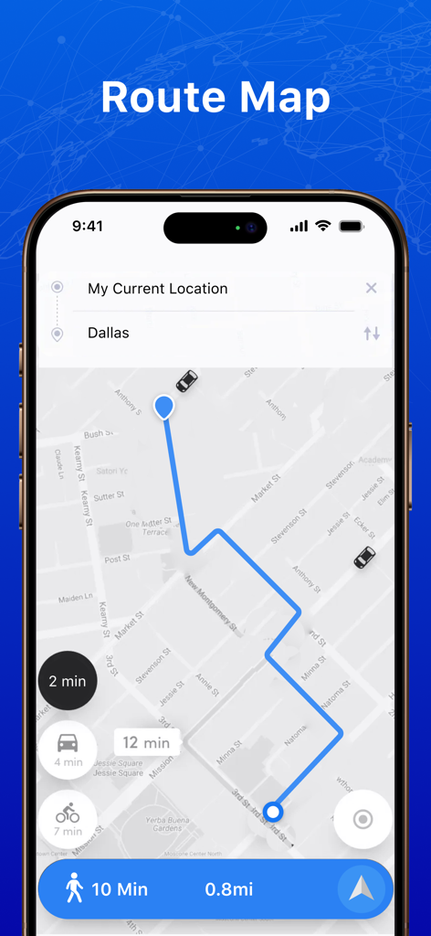 Radar Map, Radar Detector, HUD - Captura de pantalla de una aplicación móvil que muestra un mapa de ruta con navegación GPS y indicaciones para caminar