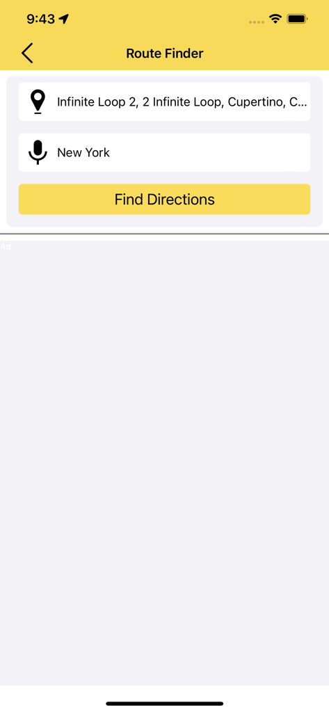 Route finder screen in a navigation app with voice input for destinations