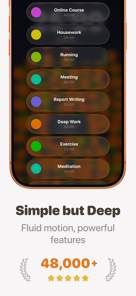FocusPomo app interface showing customizable task categories and a high user rating
