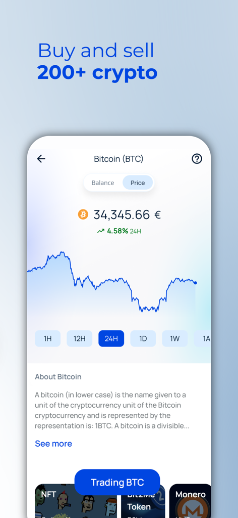 Interfaccia mobile dell'app Bit2Me che visualizza un grafico dei prezzi di Bitcoin e opzioni di trading di criptovalute