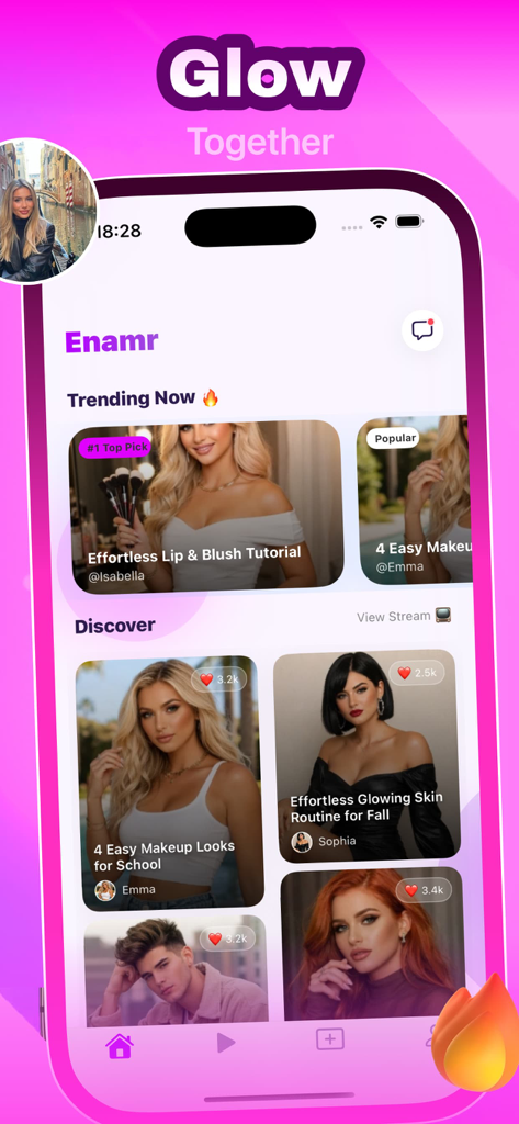 Enamr - The Enamr app discovery screen featuring trending beauty tutorials and makeup transformation videos.