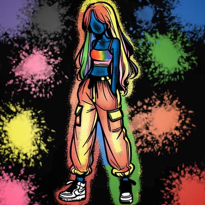 girl in baggy pants crop top and long hair