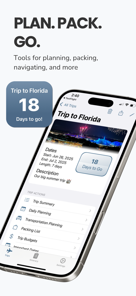 Pocket Trip Planner - iPhone displaying the Pocket Trip Planner app interface with a Florida trip countdown and travel planning tools