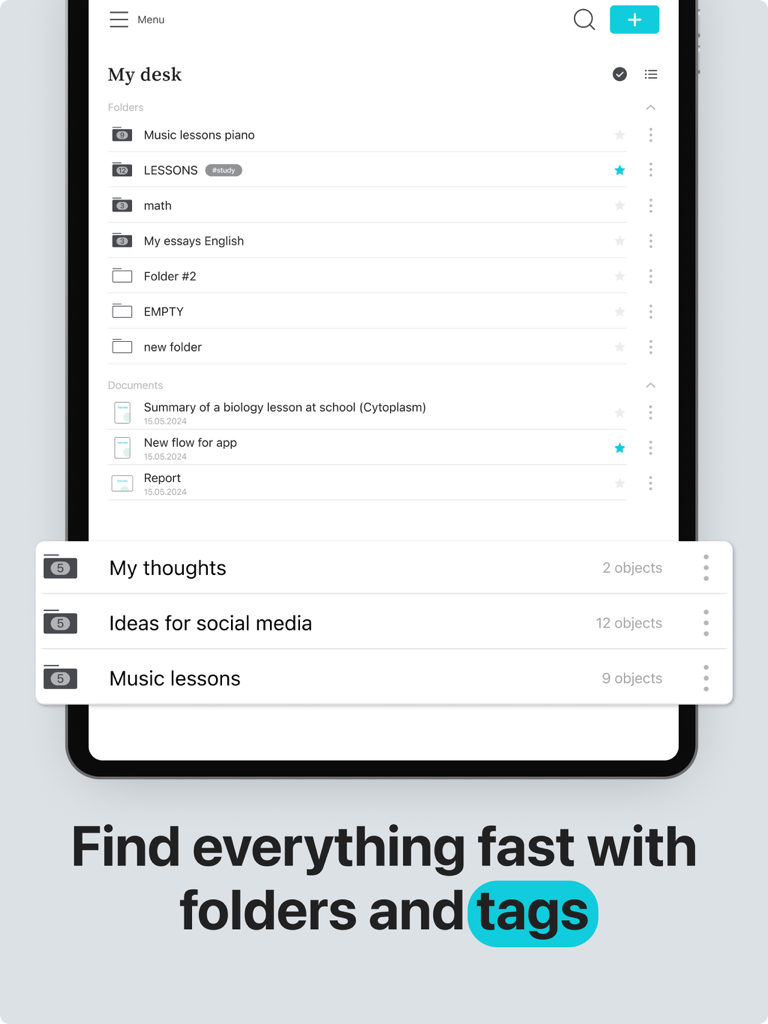 Inky Notes: Good Note taker - Interfaz de la aplicación Inky Notes que muestra una vista de escritorio con carpetas y etiquetas organizadas en un iPad