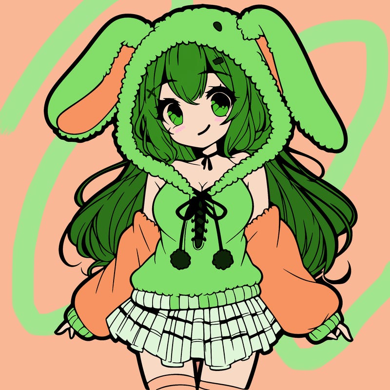 pretty anime girl wearing a fluffy hoodie with bunny ears on the hood and a skirt