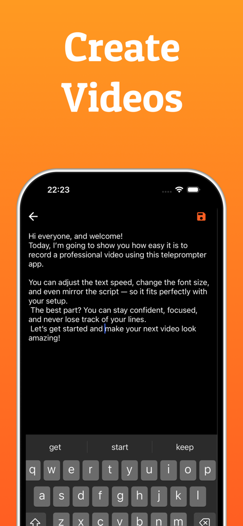 Teleprompter - Video Recorder - Interfaz de smartphone de la aplicación Teleprompter mostrando un editor de guiones para grabación de vídeo profesional