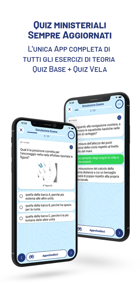 NautiCap - Quiz Patente 2026 - Dos iPhones mostrando la aplicación NautiCap con simulaciones de exámenes de permisos náuticos y tests teóricos