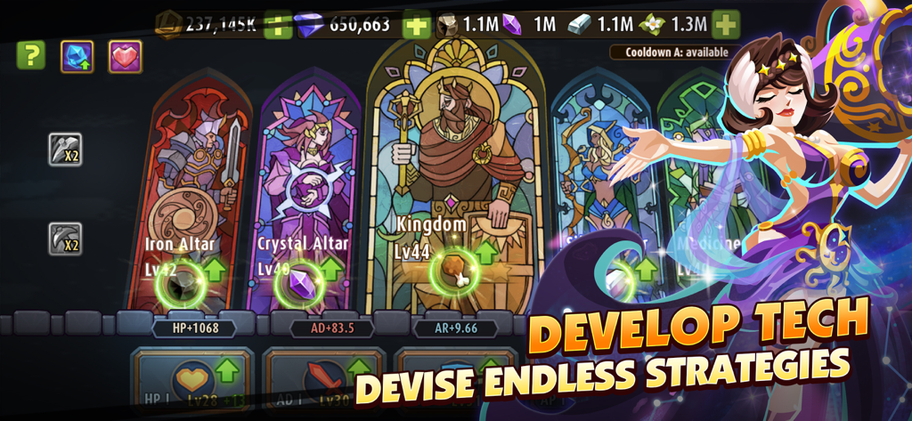 Interface do Magic Rush Heroes mostrando atualizações tecnológicas de reino e altar com gerenciamento estratégico de recursos