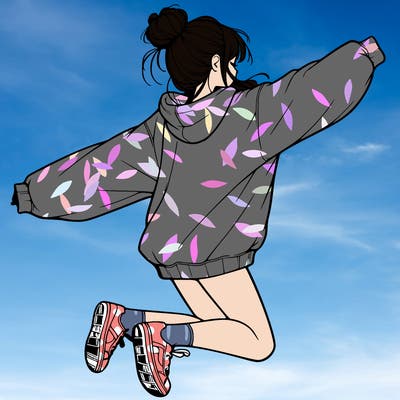 realistic girl jumping with a bun and oversized sweatshirt