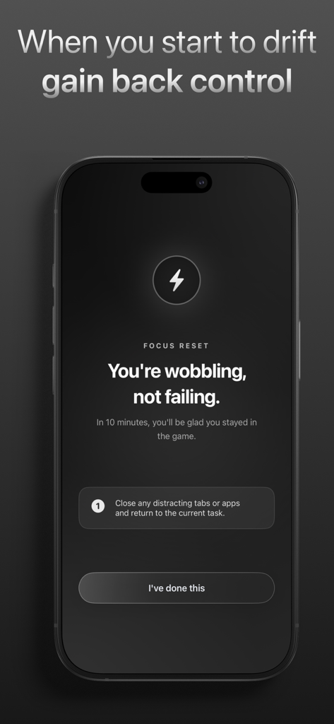 CTRL - Self Improvement OS - A minimalist dark mode interface for the CTRL app's Focus Reset feature designed to help users regain focus and discipline during their daily missions.