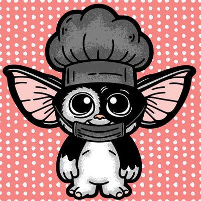 a small gremlin lock like a human named the noise have a mask that looks like a chef hat