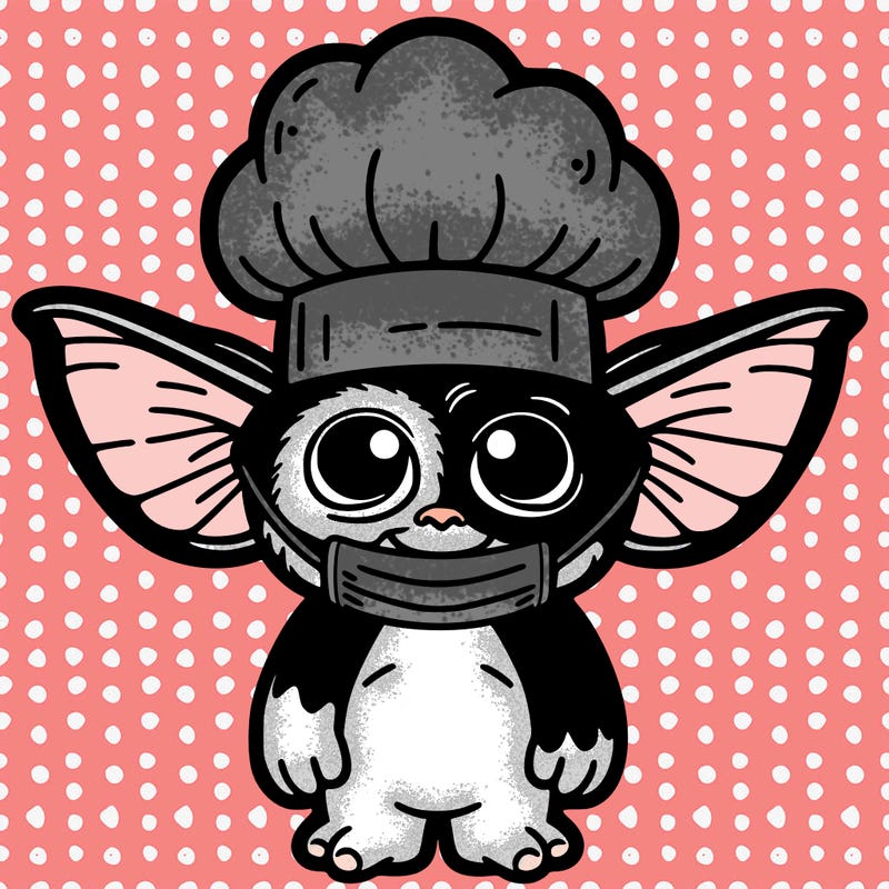 a small gremlin lock like a human named the noise have a mask that looks like a chef hat
