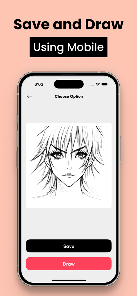 AR Drawing Sketch Paint; Trace - Pantalla de la aplicación de dibujo AR mostrando un boceto de personaje de anime con botones de guardar y dibujar.