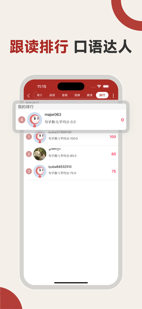 iTed英语演讲-TED演讲视频学习英语听力和英语口语 - A mobile app screen showing a leaderboard for English speaking practice on the iTed app