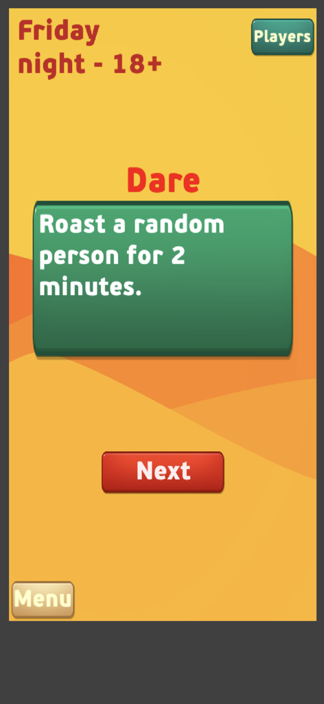 TOD Truth or Dare - TOD Truth or Dare mobile app interface showing a dare challenge to roast a random person for two minutes in the Friday night 18 plus mode.