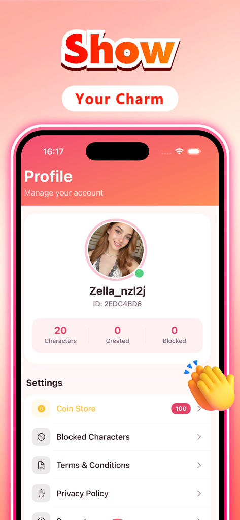Zella - Chat & Match - Tela de perfil do usuário do aplicativo Zella mostrando a contagem de personagens e configurações da conta