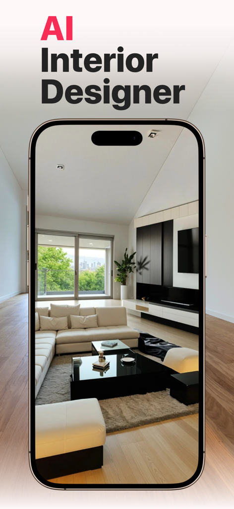 AI Home Design - AI Interior - Smartphone mostrando un diseño de interiores de salón moderno generado por IA