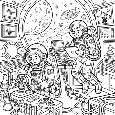 Embark on an interstellar coloring journey with this detailed scene of astronaut scientists hard at work in their cosmic laboratory. Discover intricate scientific equipment and celestial wonders as you bring this space research mission to life with your favorite colors.