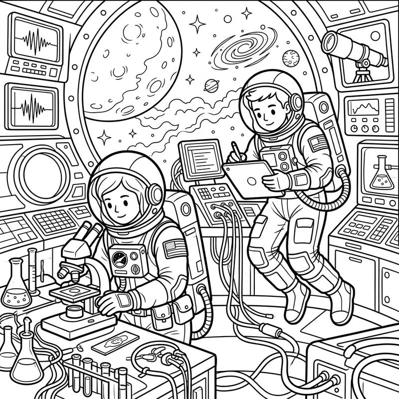 Embark on an interstellar coloring journey with this detailed scene of astronaut scientists hard at work in their cosmic laboratory. Discover intricate scientific equipment and celestial wonders as you bring this space research mission to life with your favorite colors.