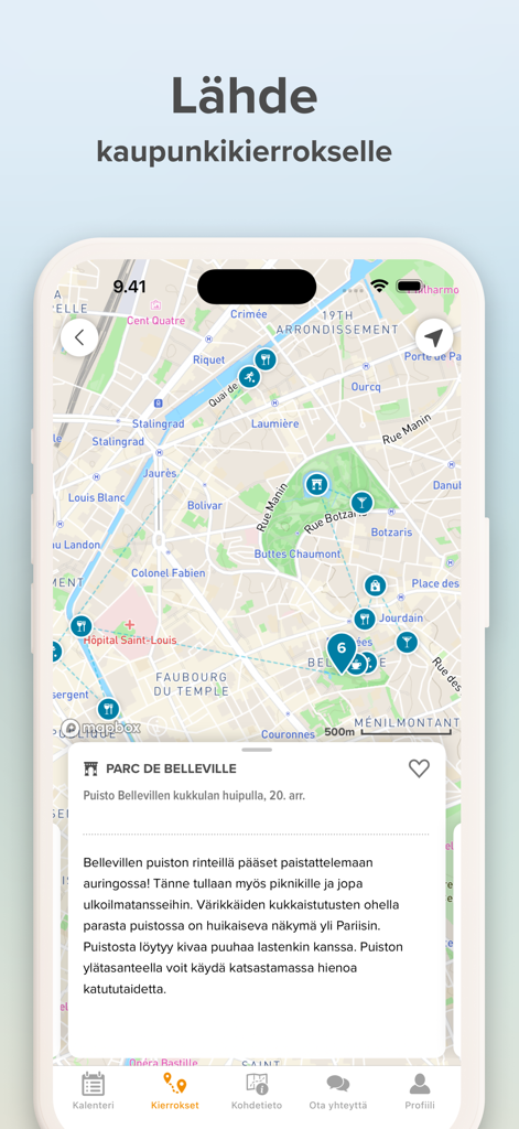 Aurinkomatkat - Interactive city tour map in the Aurinkomatkat app featuring a description of Parc de Belleville.