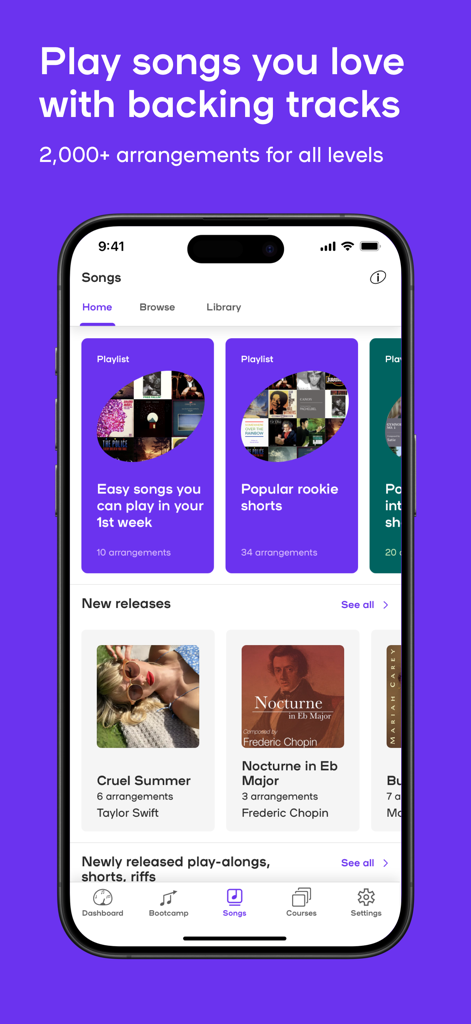 Playground: Real Piano Lessons - Mobile app interface of Playground Sessions displaying a diverse library of piano songs from Taylor Swift to Chopin