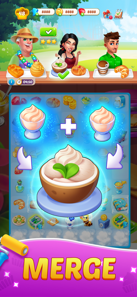 Merge Flavor: Decor Restaurant - Merging food items to create new recipes in the Merge Flavor Decor Restaurant mobile game