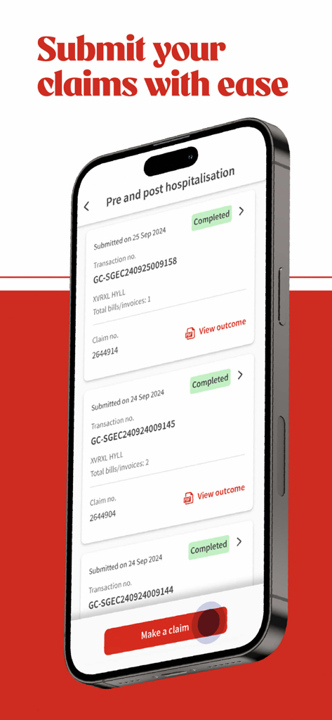 Great Eastern Singapore - A smartphone screen from the Great Eastern Singapore app showing a list of completed hospitalization claims and a button to make a new claim.