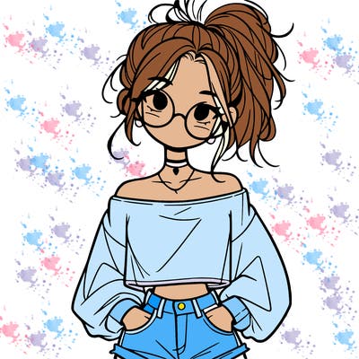 girl with a messy ponytail glasses a baggy crop top and jean shorts