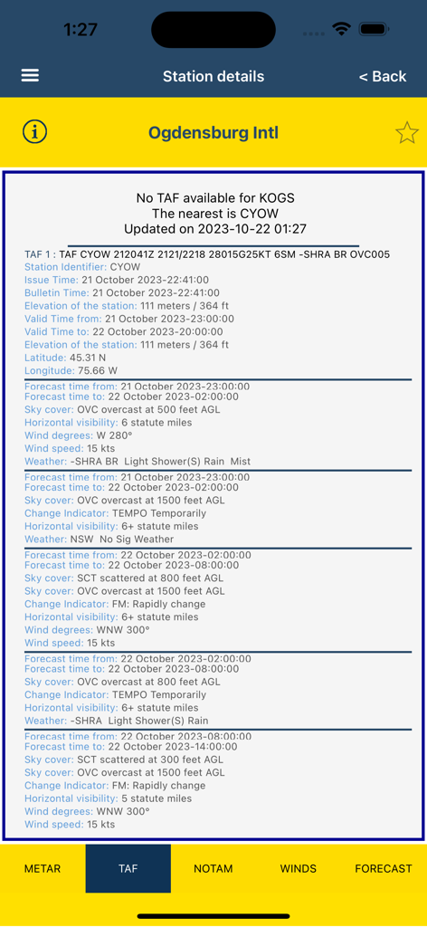 Informe detallado de Pronóstico de Aeródromo Terminal TAF en la aplicación NOAA AWC Aviation Weather PRO