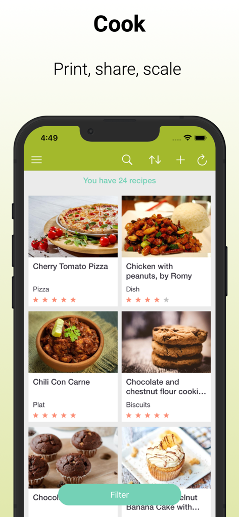 Una pantalla de teléfono móvil mostrando la aplicación Cookmate con una cuadrícula de recetas guardadas que incluyen pizza y chili con carne