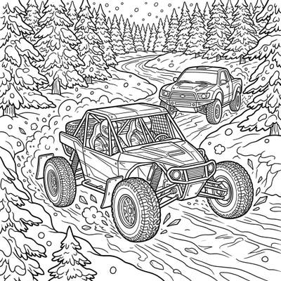 Experience the excitement of off-road racing as powerful vehicles conquer a snow-covered landscape. This dynamic coloring page captures the thrill of winter sports with rugged racers navigating icy terrain.