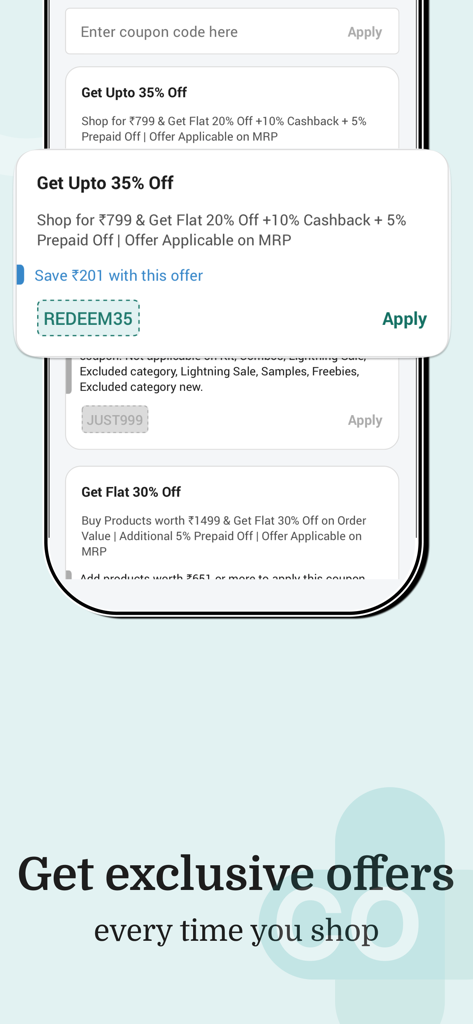 The Derma Co - Smartphone screen showing exclusive discount offers and coupon codes on The Derma Co app.