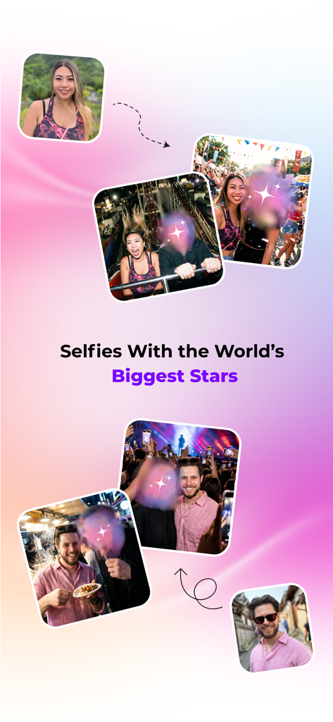 CelebGen: Selfies with Celebs - Eine Präsentation von KI-generierten Fotos mit Nutzern, die mit berühmten Persönlichkeiten in verschiedenen sozialen Umgebungen posieren.