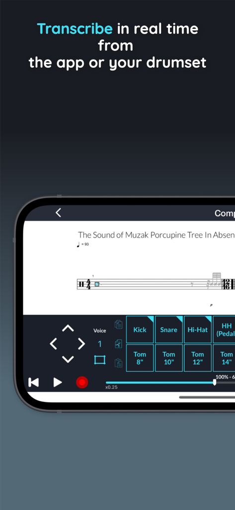 Interface of the Drumstik app showing real-time drum music transcription and score editing tools on a mobile device