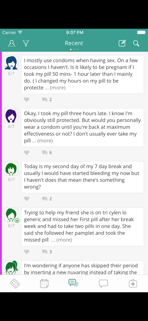 Birth Control Pill Reminder § - A community forum screen within the myPill app showing user discussions and questions about birth control schedules and reproductive health