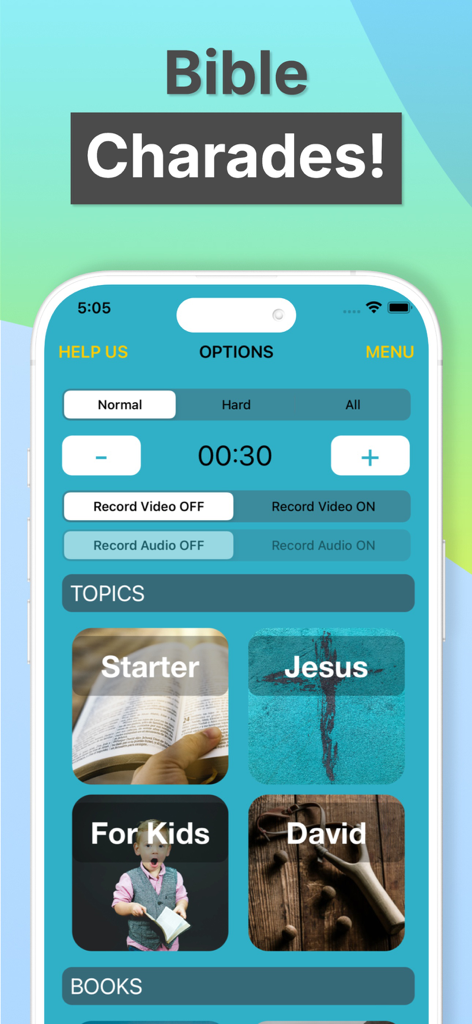 Bible Charades - Heads Up Game - Options menu of the Bible Charades app showing different game categories and settings