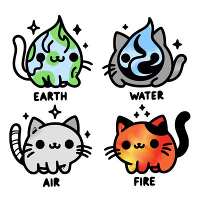 4 cats that represent the different elements, earth, water, air, and fire