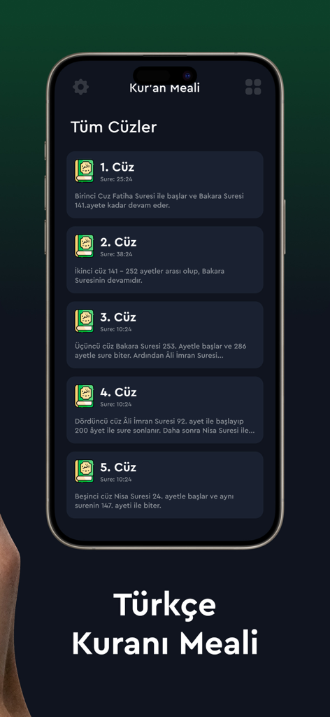 Mobile app interface displaying a list of Quran sections in Turkish
