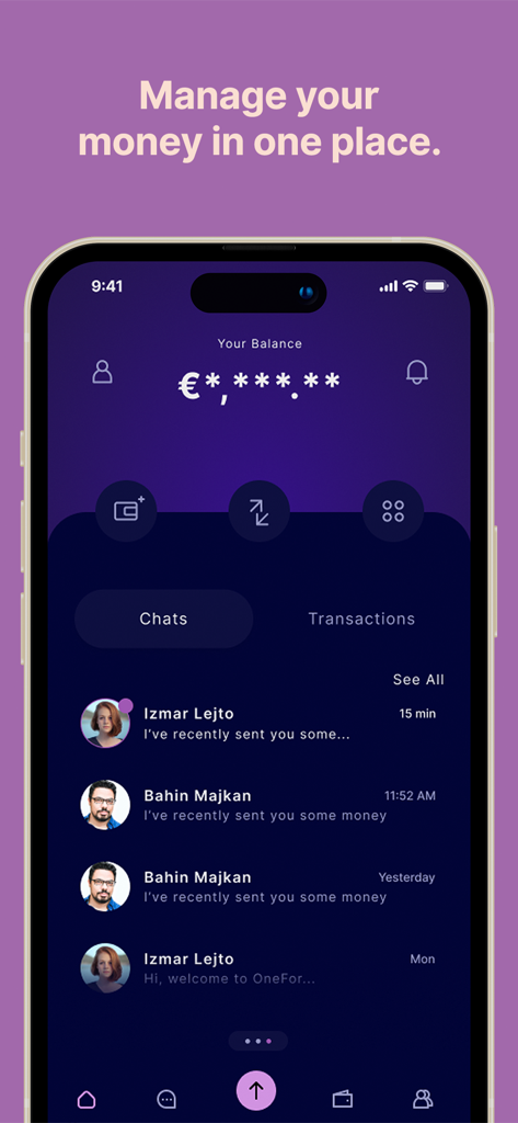 OneFor Money App - OneFor Money App dashboard showing masked account balance and transaction chat history between family members