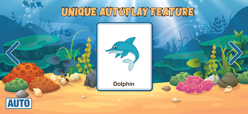 Dolphin flashcard on an underwater background highlighting the unique autoplay feature for toddlers