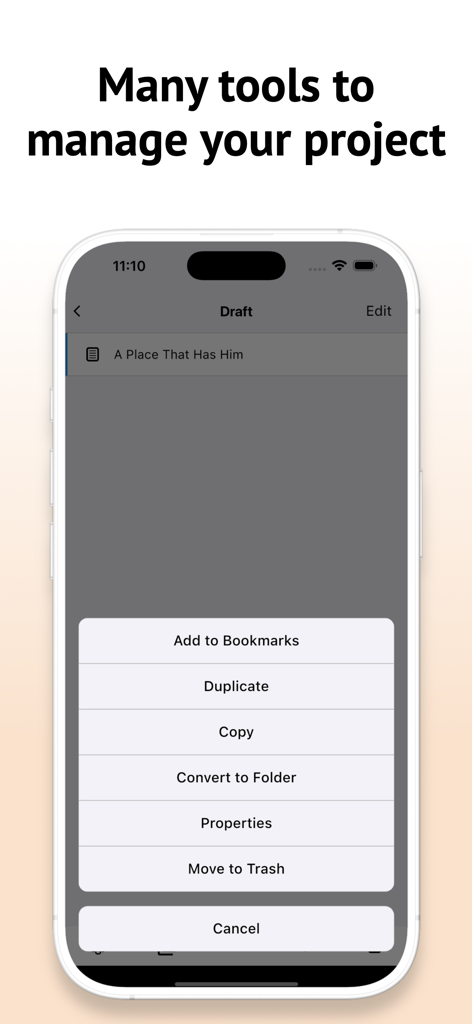 Interface de l'application mobile Scrivener montrant des options de gestion de documents comme dupliquer et déplacer à la corbeille