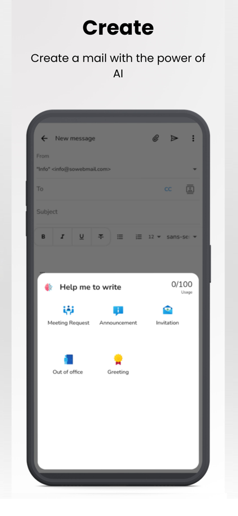 Webmail App - Webmail App AI writing assistant interface showing email templates for meeting requests and announcements