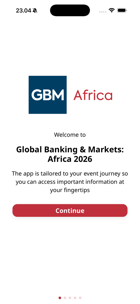 Global Banking & Markets - Pantalla de bienvenida para la aplicación del evento Global Banking and Markets Africa 2026.