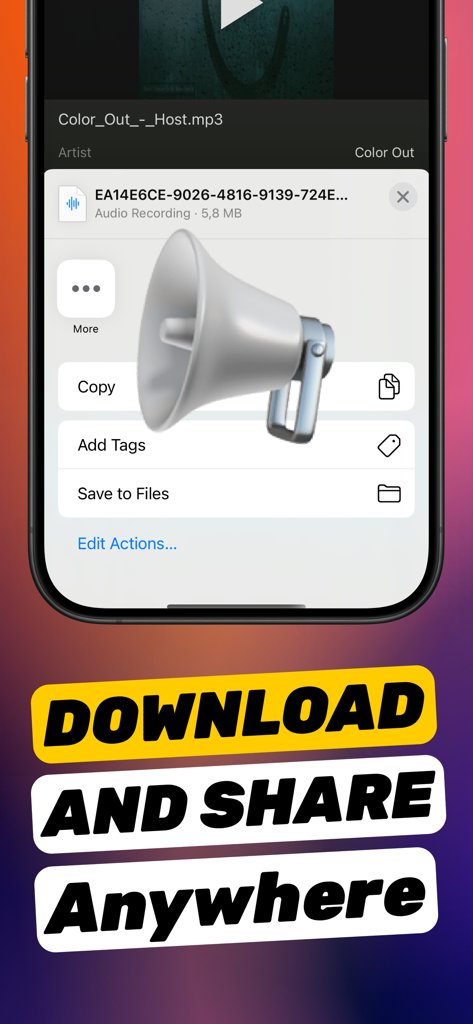 Interfaz de la aplicación Aumentar Volumen de Sonido mostrando las opciones de descarga y compartir para archivos de audio