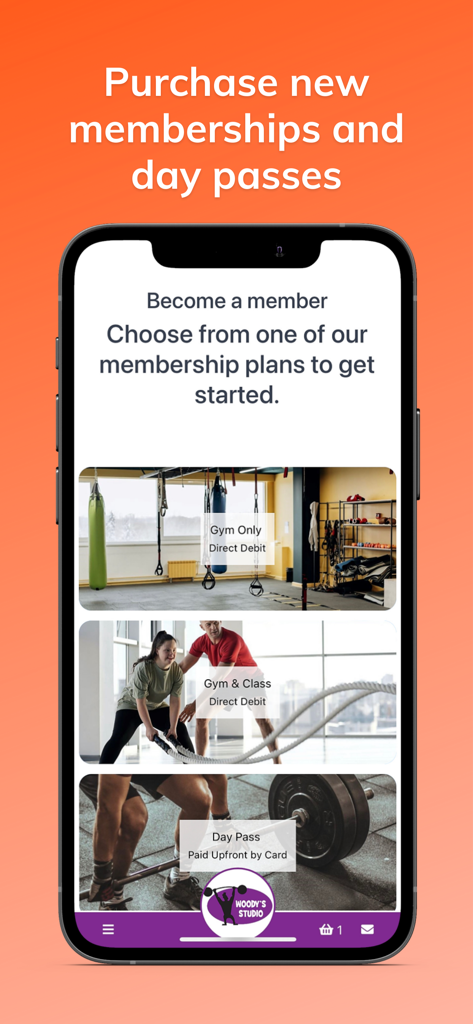 iPhone display of the ClubRight app showing gym membership and day pass purchase options including gym only and gym plus classes